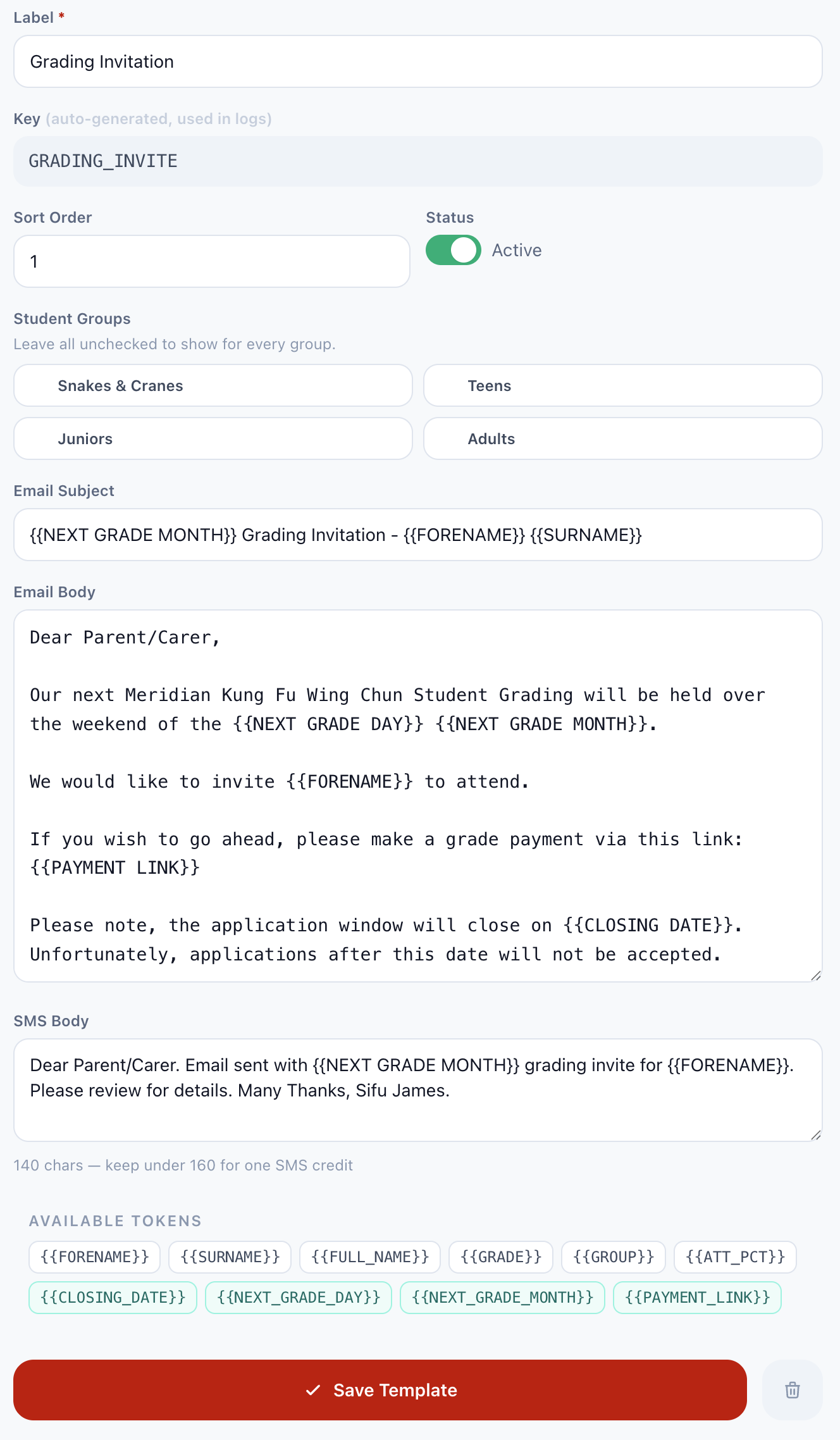 r4ptor template editor showing email body, SMS body and student group selector