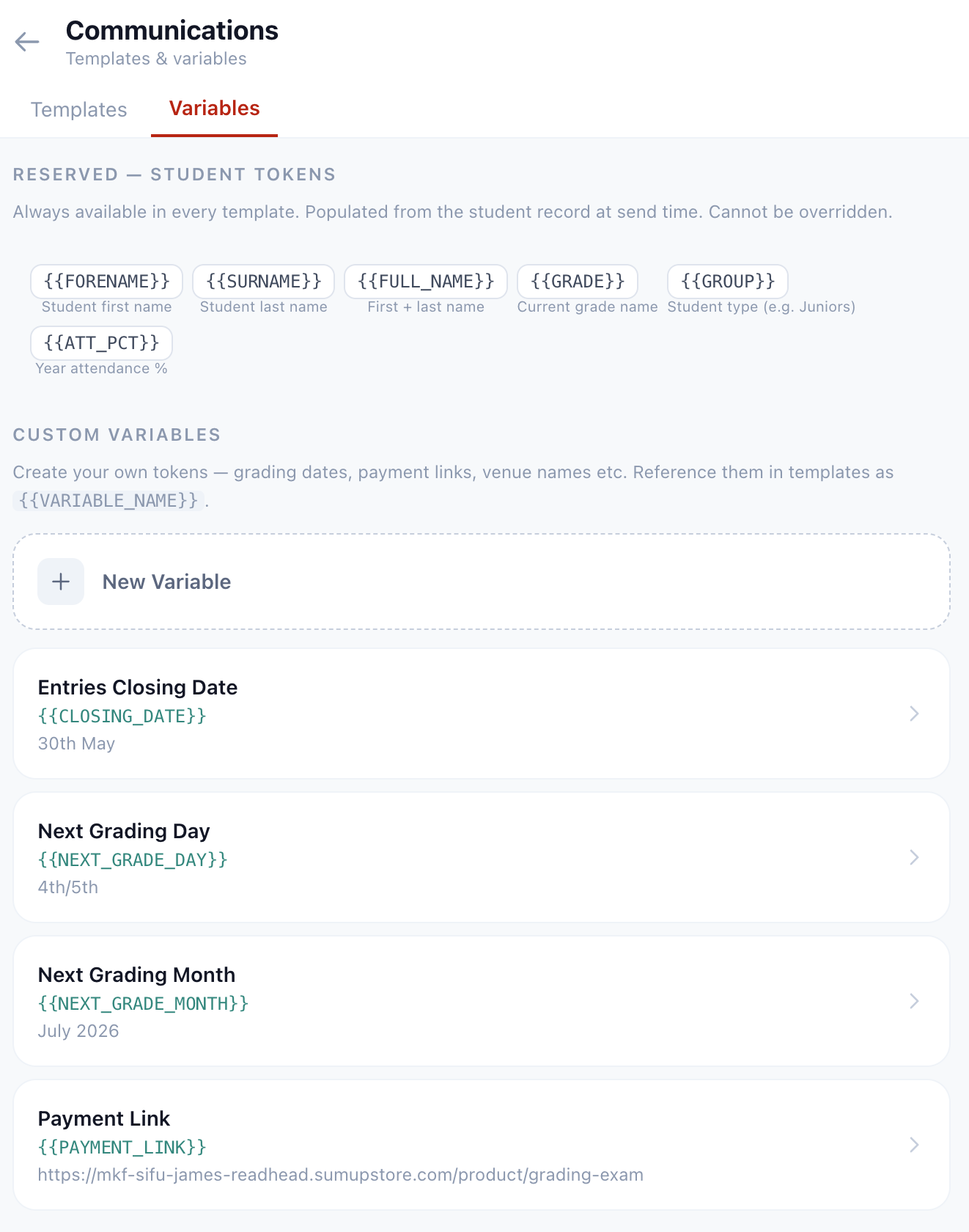 r4ptor Communications — variables tab showing reserved student tokens and custom variables