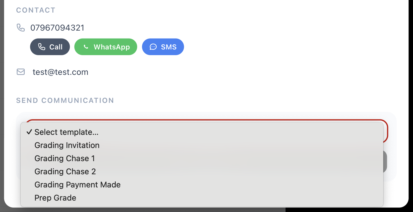 r4ptor student profile showing one-click comms send with template picker